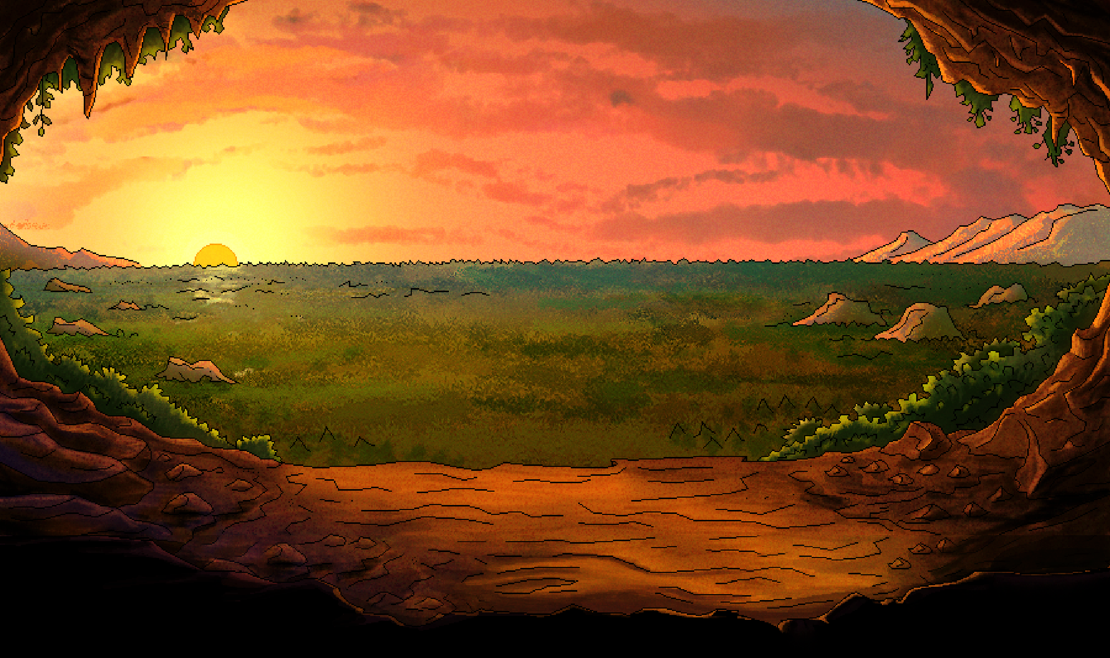 A pixel art landscape of a sunset over a forest
